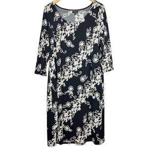 5/$25 Black & White Floral 3/4 Sleeve Knee Length Dress Scoop Neck 2X Plus Size